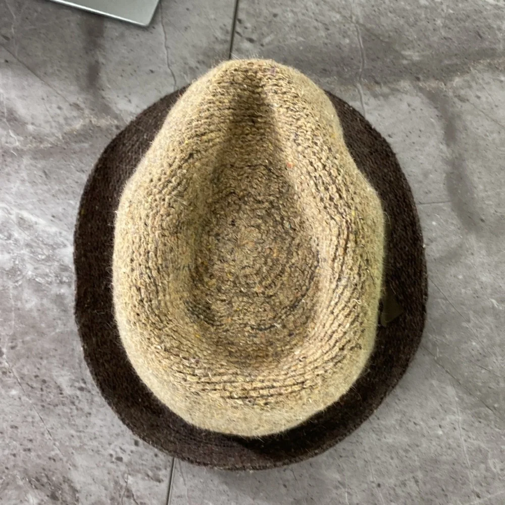 Ladies Fedora Hat 100% Wool Brown Tan Burgundy Stripe‎ 22.5” Circumference